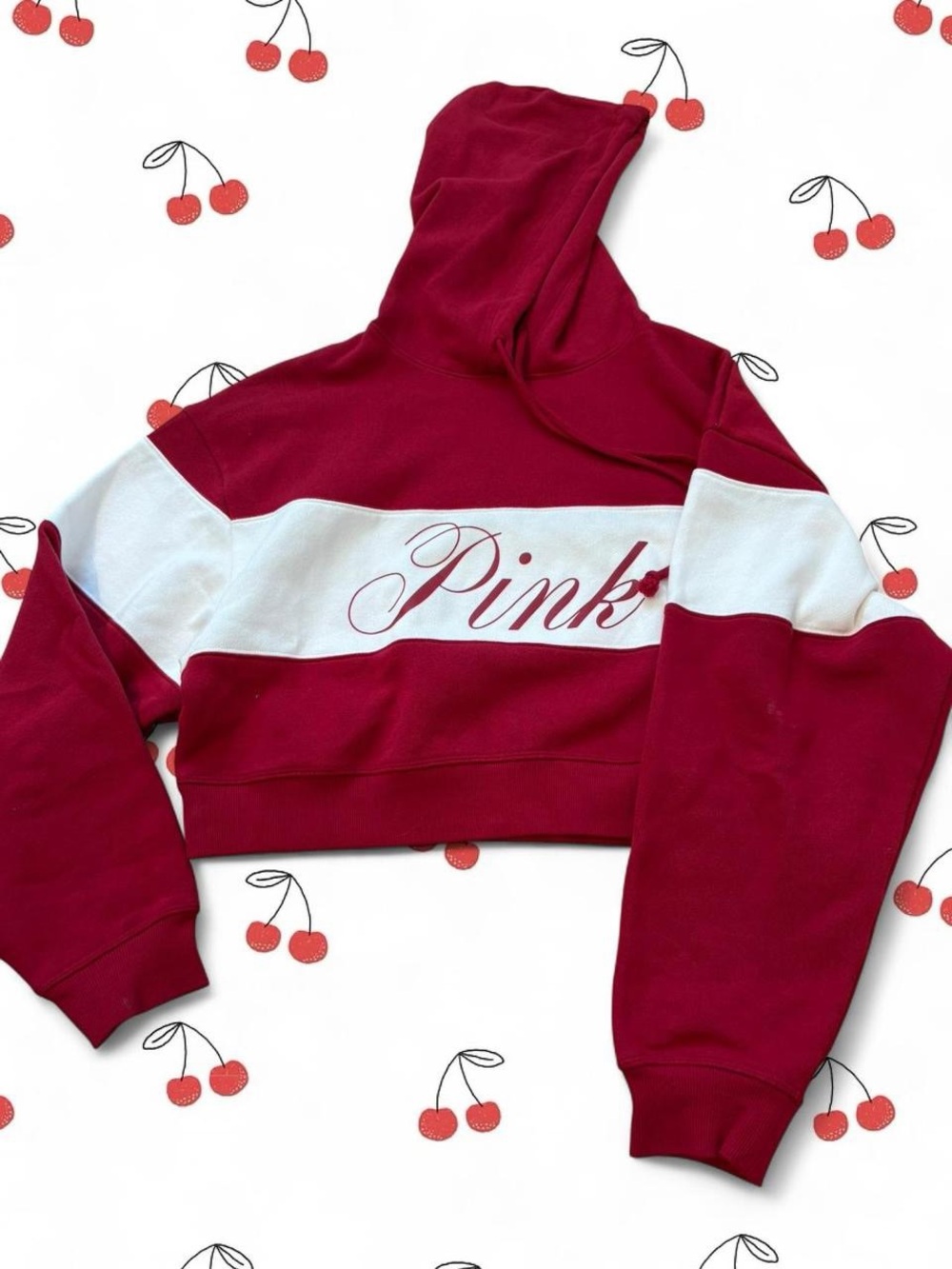 PINK Victoria's Secret Maroon & White Cropped Logo Hoodie